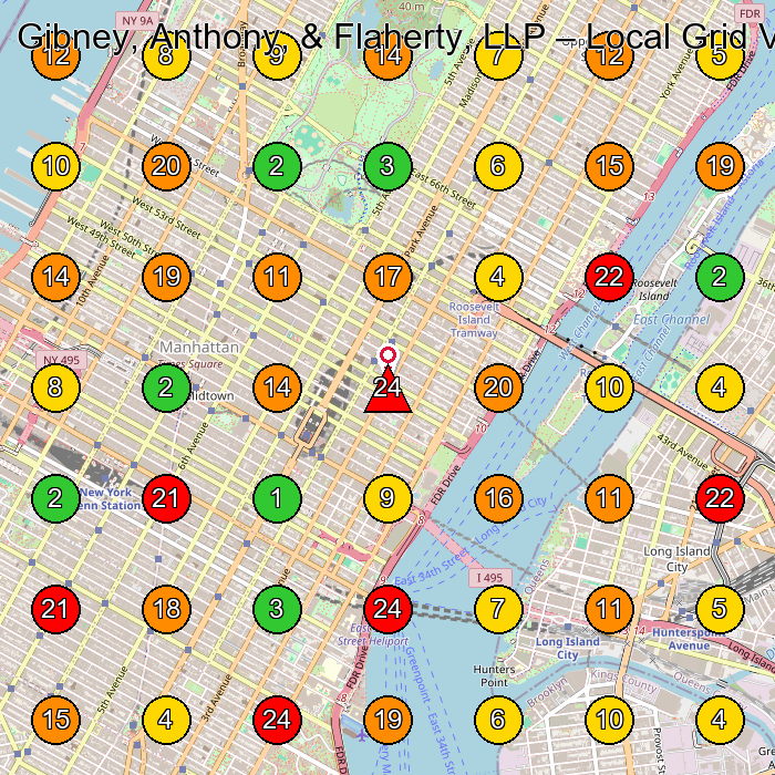 Gibney, Anthony, & Flaherty, LLP Legal Services GeoGrid ranking map for New York NY
